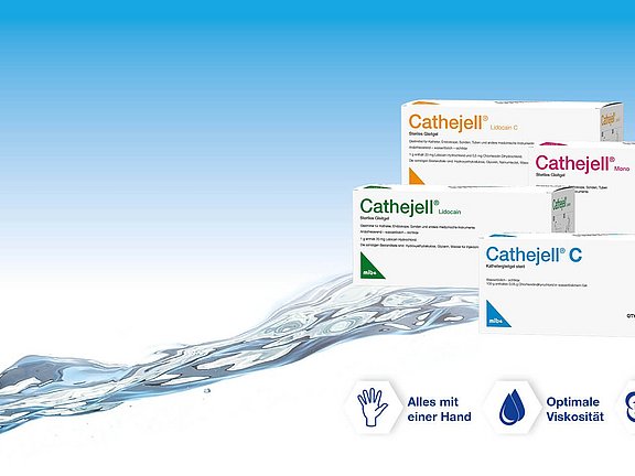 Drei Verpackungen des Produkts "Cathejell" in verschiedenen Varianten stehen auf einem blauen Hintergrund mit Wasser. Es gibt Symbole, die optimale Viskosität und Sterilisationsbedingungen anzeigen. Der Slogan "Alles mit einer Hand" ist sichtbar.